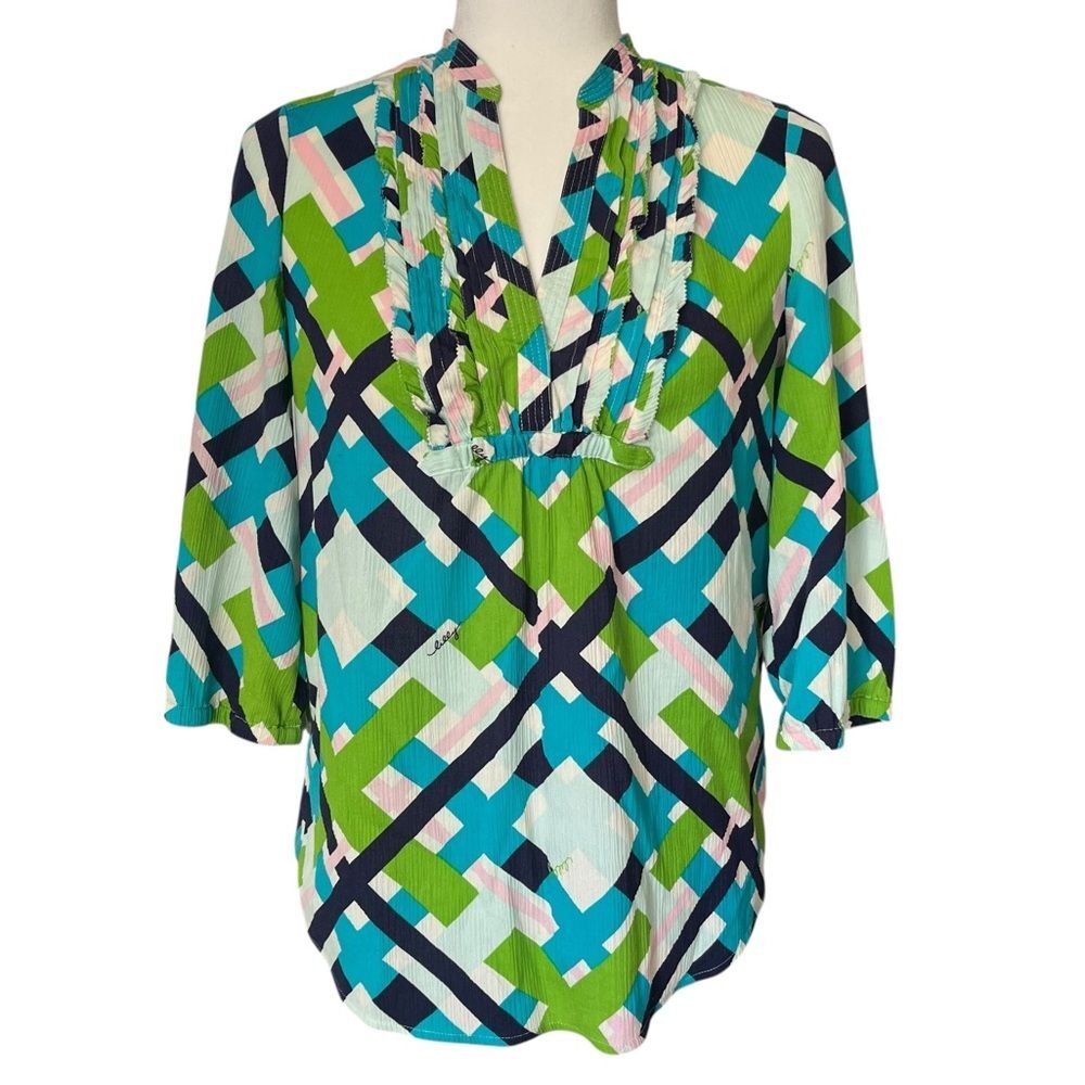 Lilly Pulitzer Sabine Ruffle 3/4 Sleeve Gauze Top Geometric Multicolor Size 2